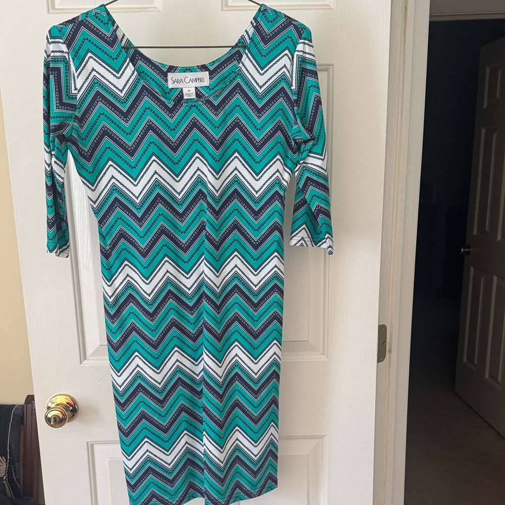 Sara Campbell Teal and Black Chevron 3/4 Sleeve Dress